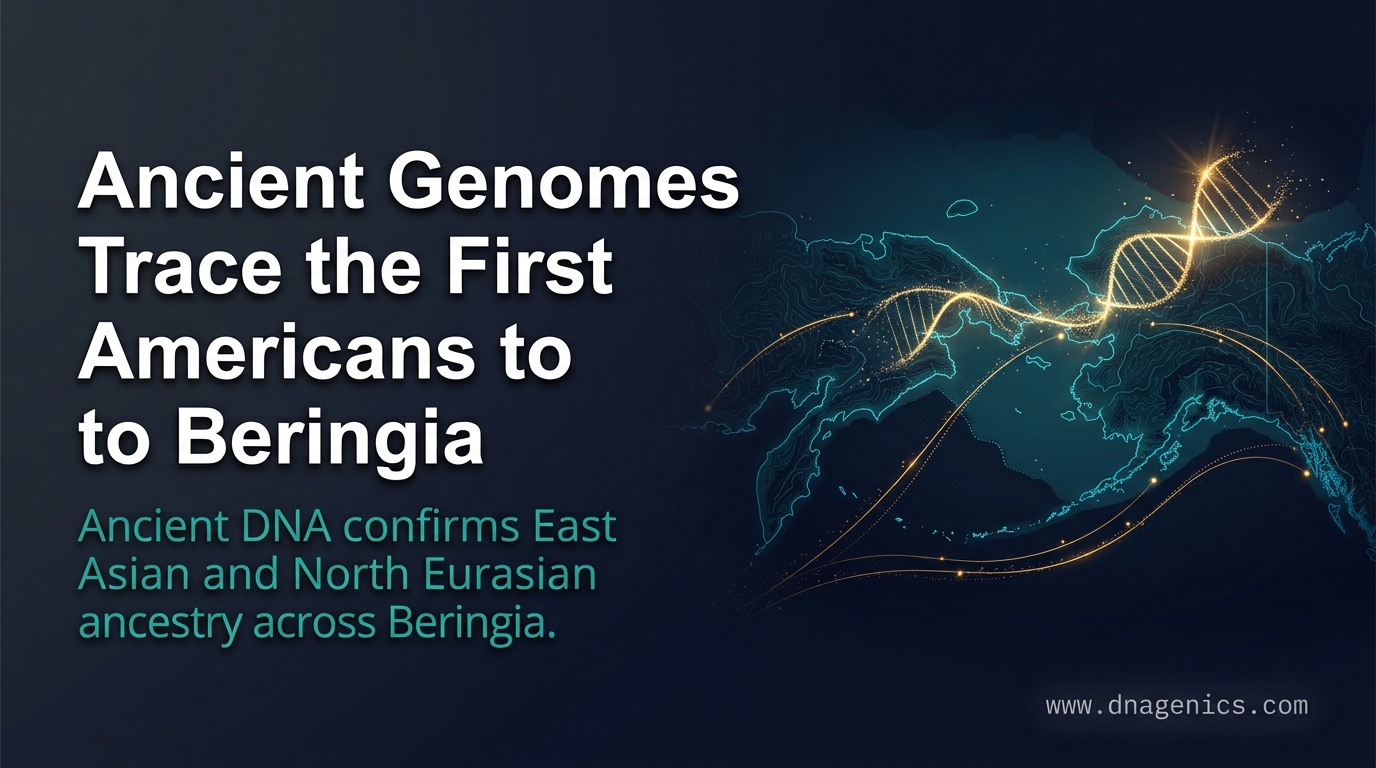 Map showing ancient migration from Siberia through Beringia into the Americas with DNA ancestry markers