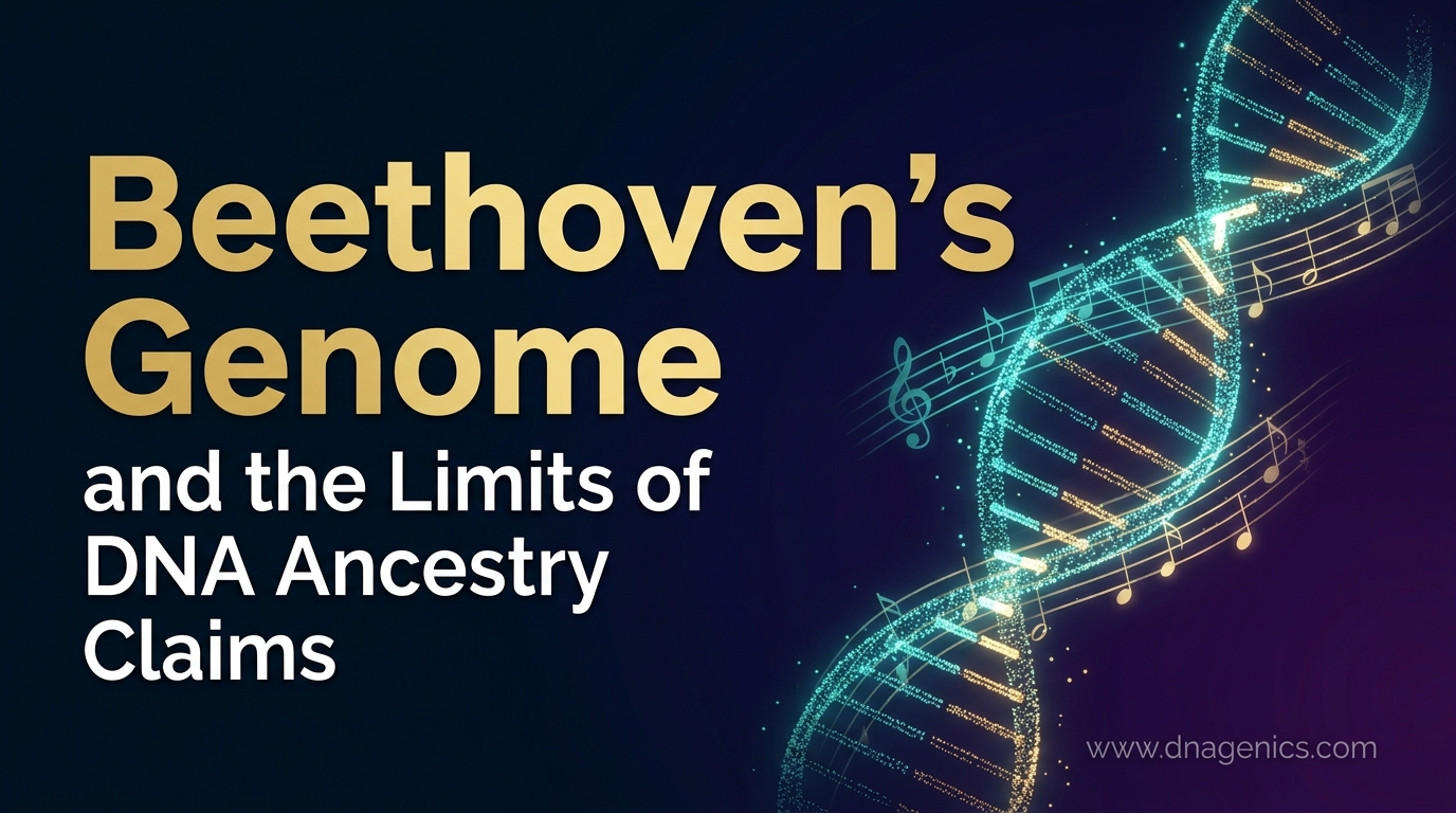 Illustration of Beethoven with DNA strands and ancestry map symbols