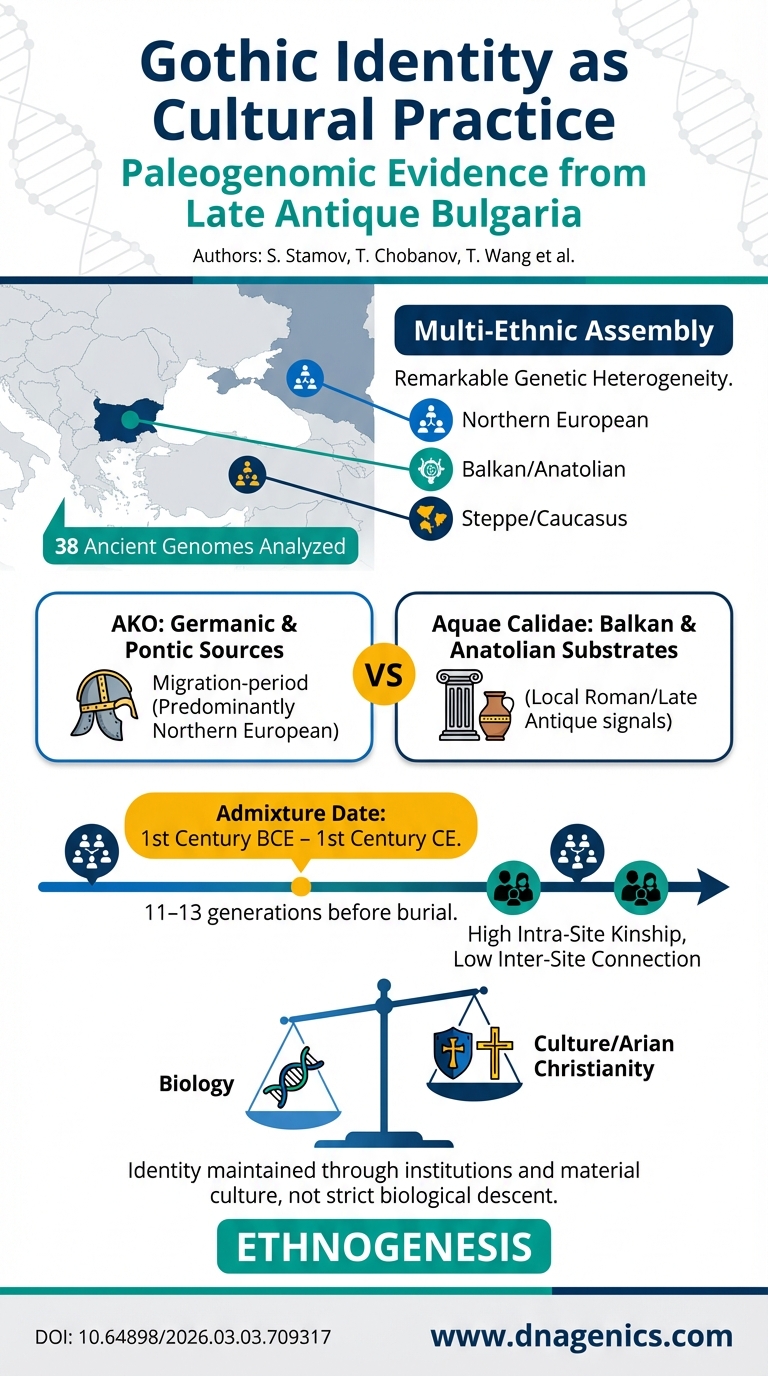 Infographic for Gothic Identity as Cultural Practice: Paleogenomic Evidence for Multi - Ethnic Assemblages Under Gothic Material Culture in Late Antique Bulgaria (4th - 6th centuries CE)