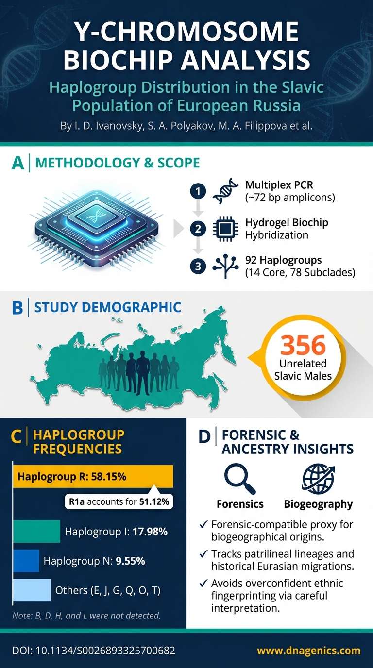 Illustration of Y-chromosome haplogroups and a hydrogel biochip used in SNP genotyping