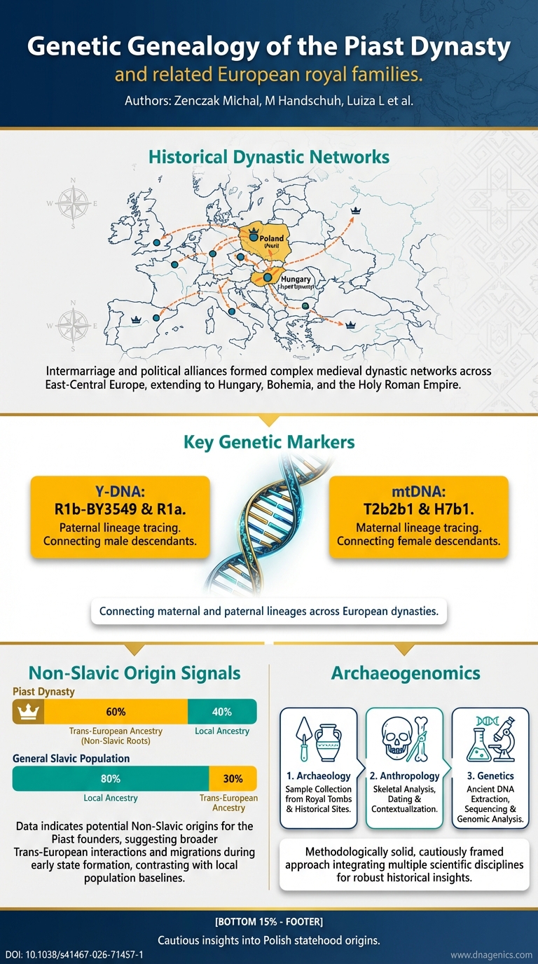 Illustration of Piast dynasty genetic lineage across medieval Europe