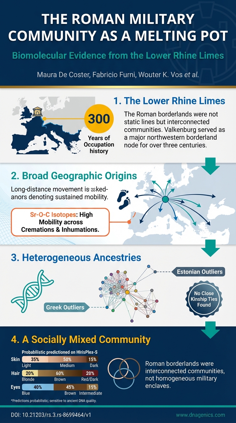 Illustration of biomolecular evidence from Praetorium Agrippinae: isotopes, ancient DNA, and pigmentation predictions.