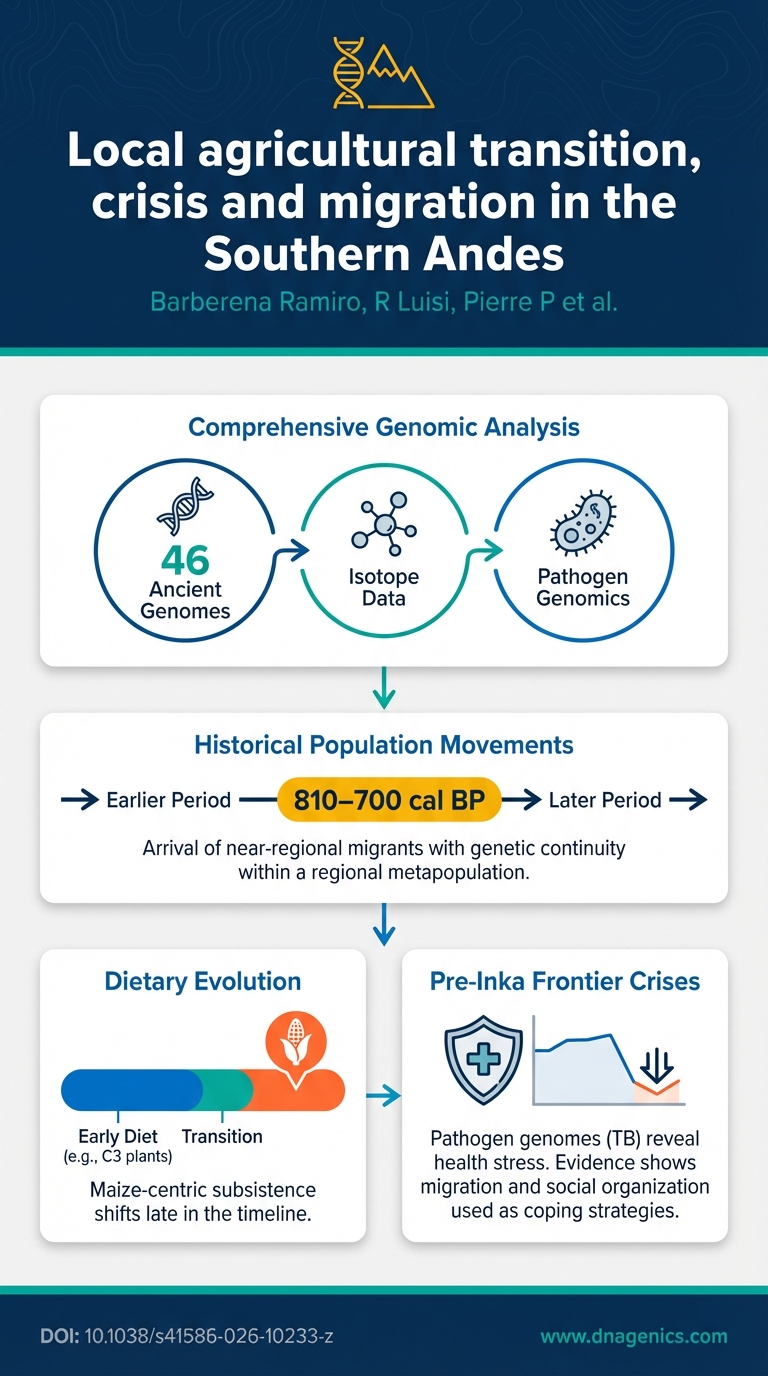 Ancient genomes and isotopic data illustrate late agricultural adoption in the Southern Andes