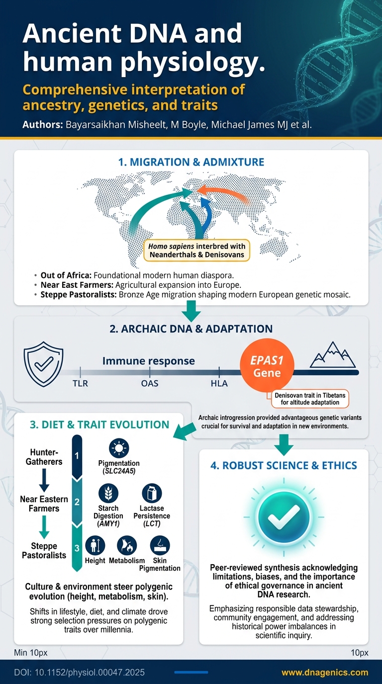 Graphical abstract showing migrations, admixture, and physiological adaptations across time.